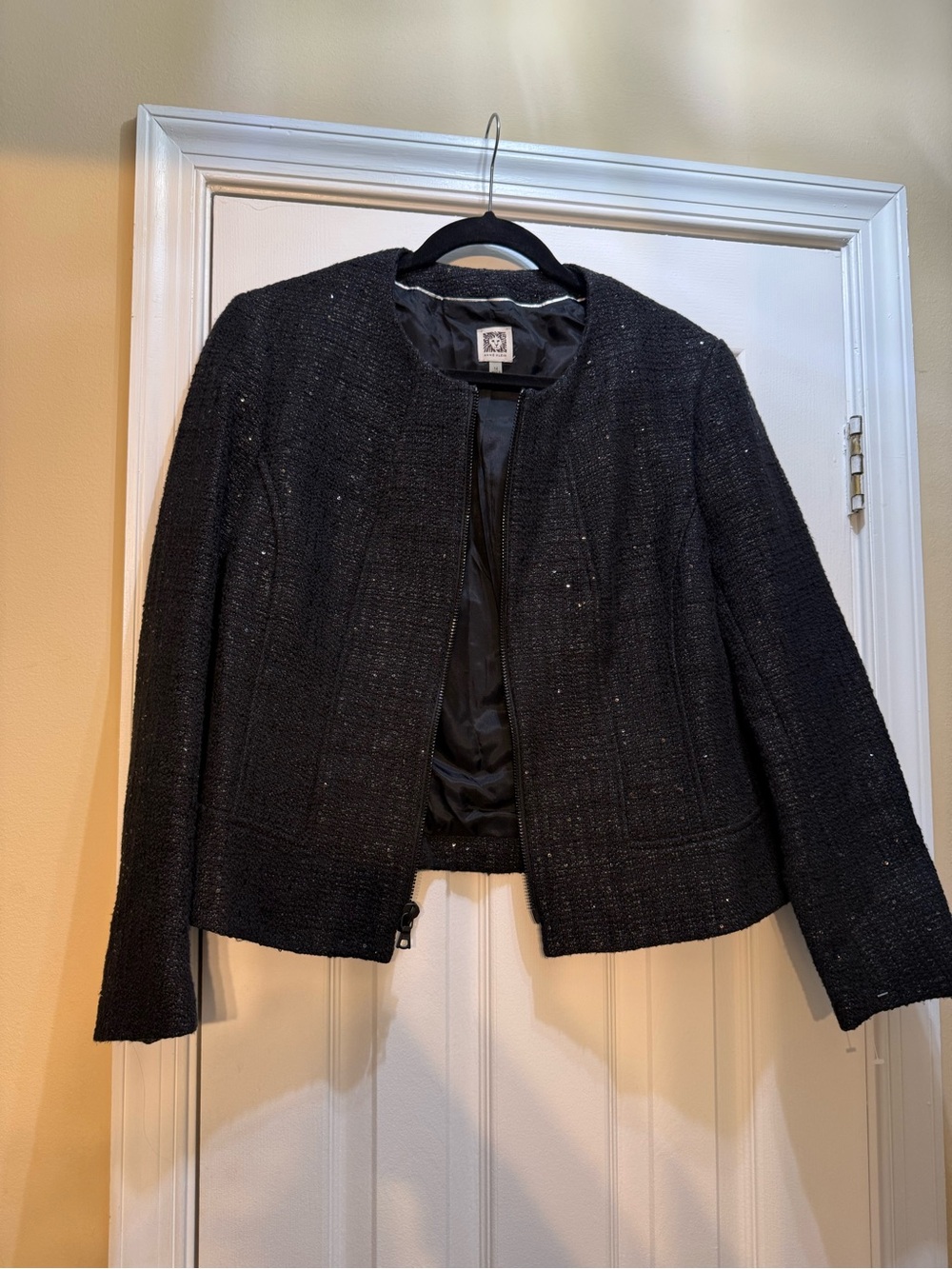 Anne Klein Black Textured Open-Front Tweed Jacket